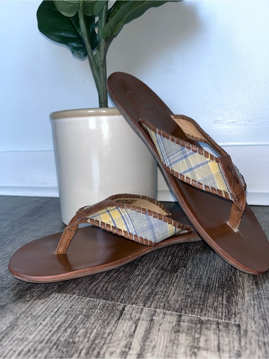 Jack Rogers Brown Leather Flip Flops with Yellow & Blue Plaid Straps